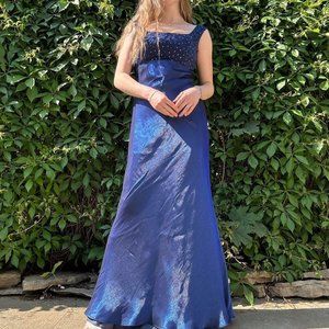 Rare 1990s Iridescent Royal Blue Floor Length Prom Dress with Studded Rhinestone